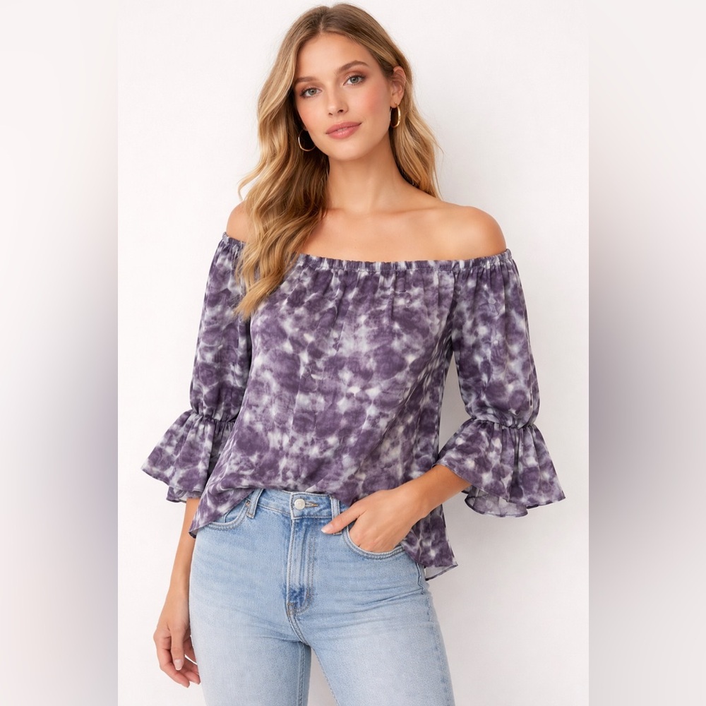 Alice + Olivia Silk Off Shoulder Blouse Purple Abstract Print Peasant Top Small